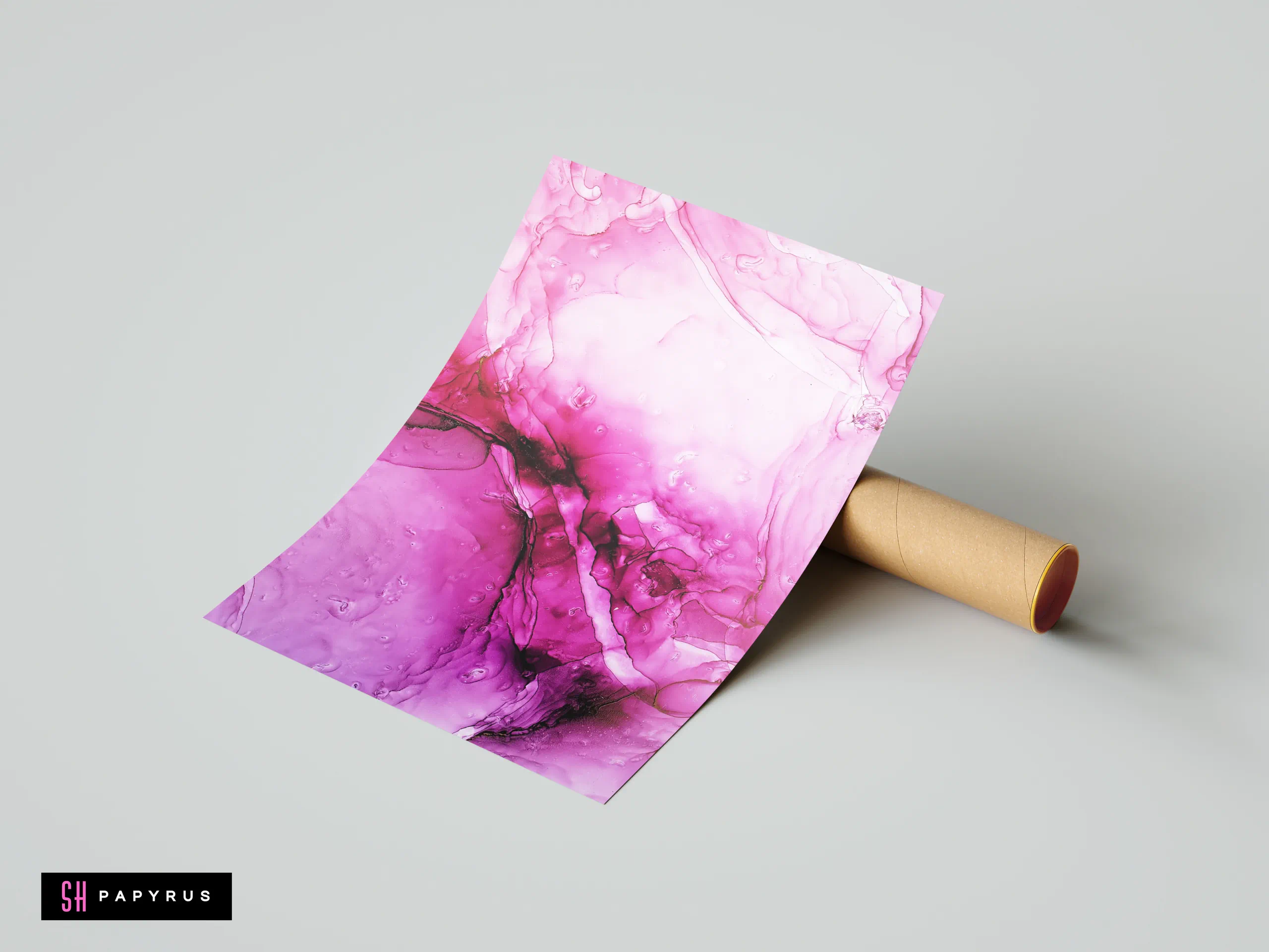 Magenta and pink abstract fluid art poster with flowing organic shapes and marble-like textures.