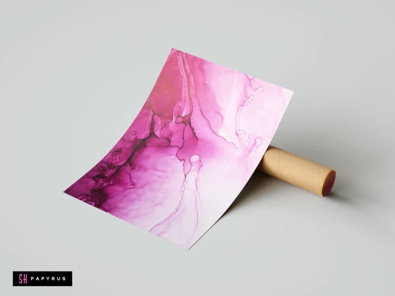 Abstract print with soft blush pink and vibrant magenta alcohol ink flowing wisps.