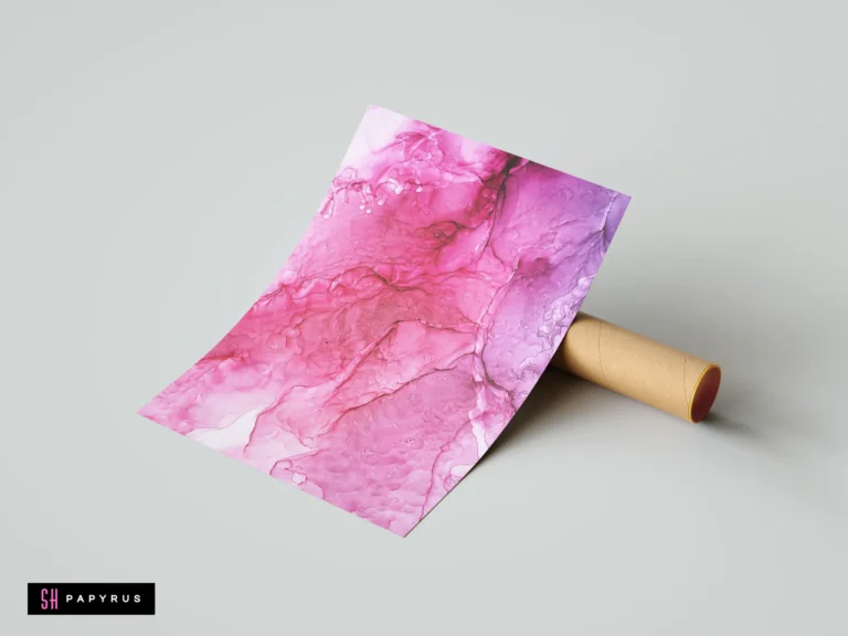 Abstract magenta and purple fluid ink art print with organic swirls and marble textures.