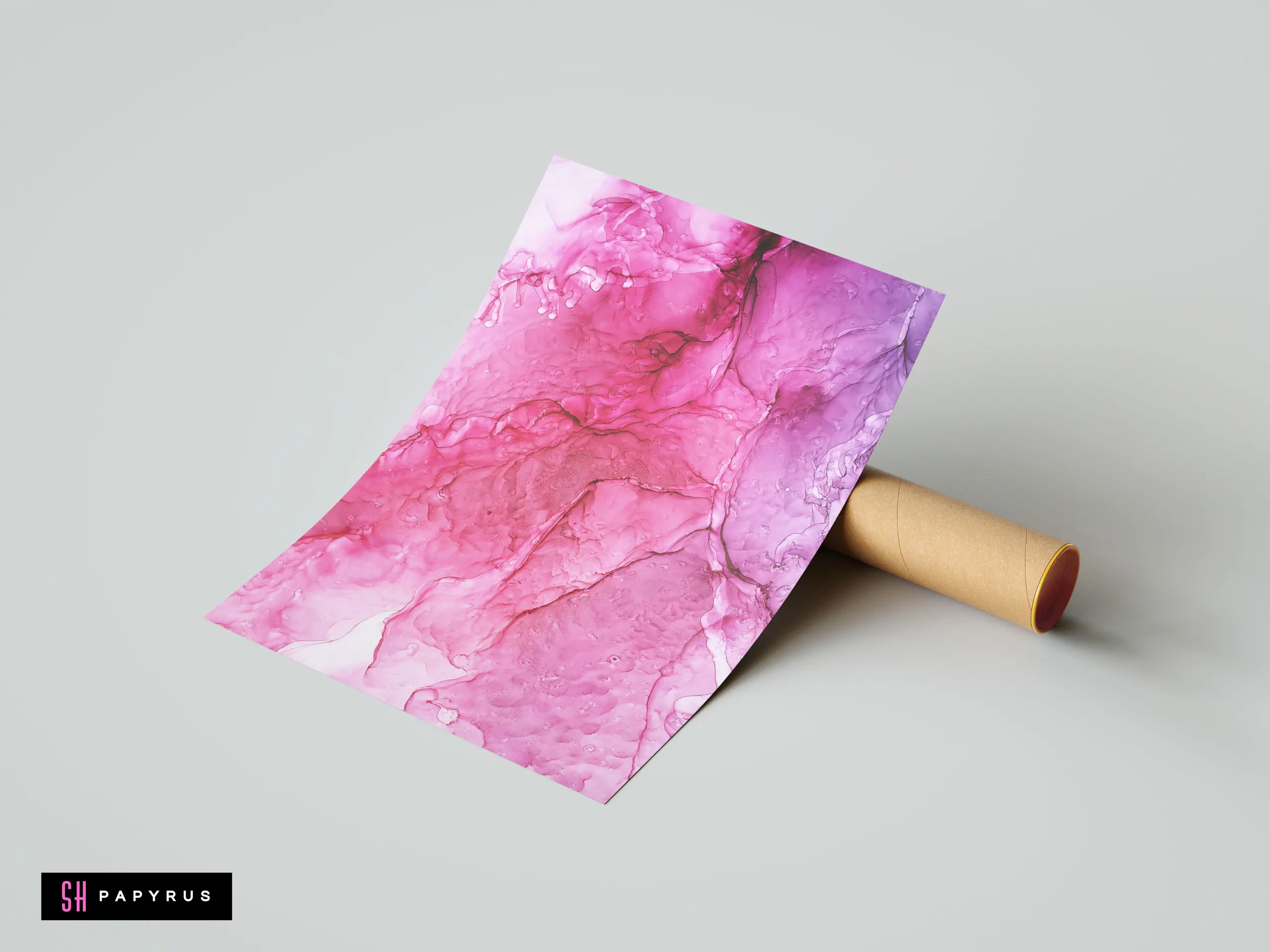 Abstract magenta and purple fluid ink art print with organic swirls and marble textures.