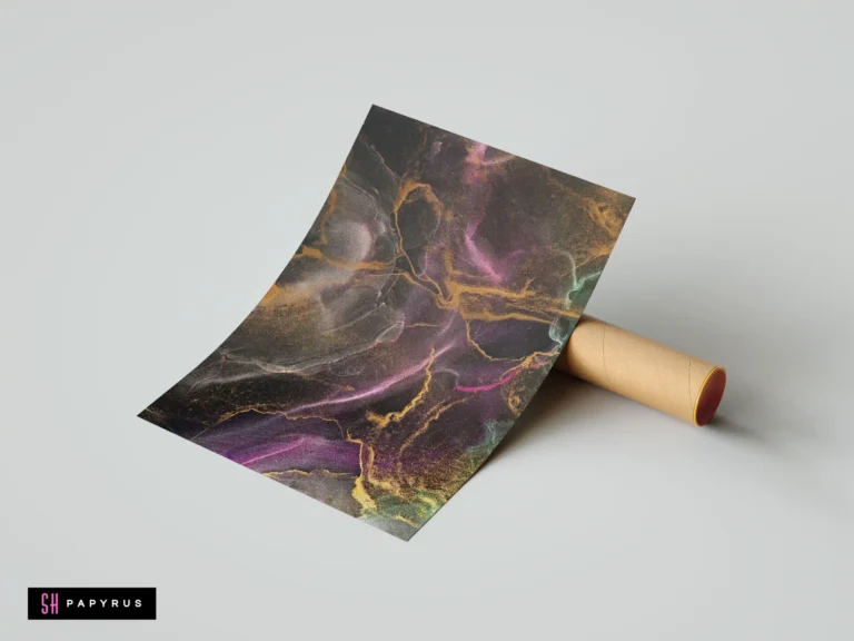 Abstract alcohol ink wall art with black, gold, and magenta swirls and gold veins.
