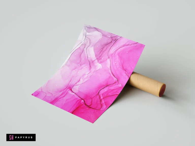 Abstract fluid pink and white marble print with flowing ink swirls and vibrant magenta tones.
