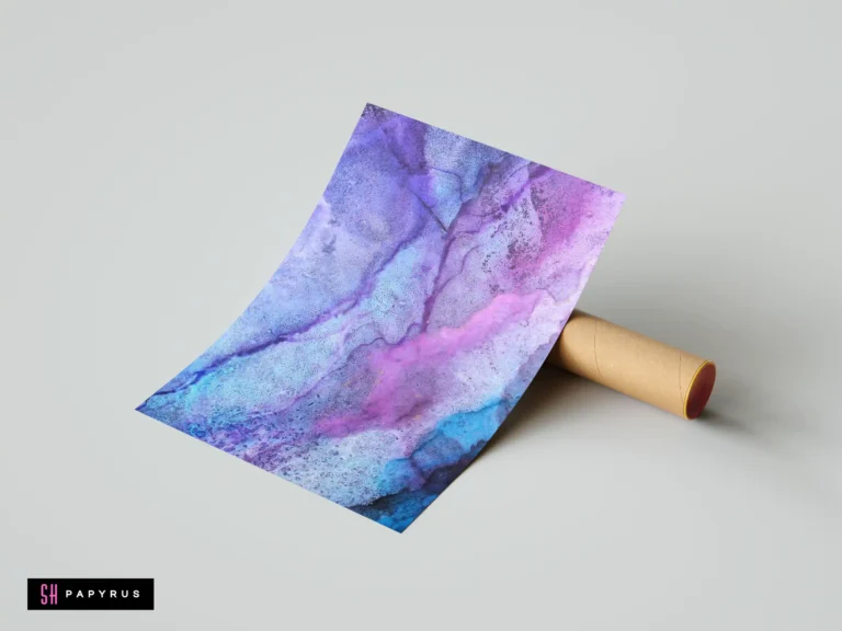 Abstract blue and purple galaxy stone texture art print on a sheet of paper.
