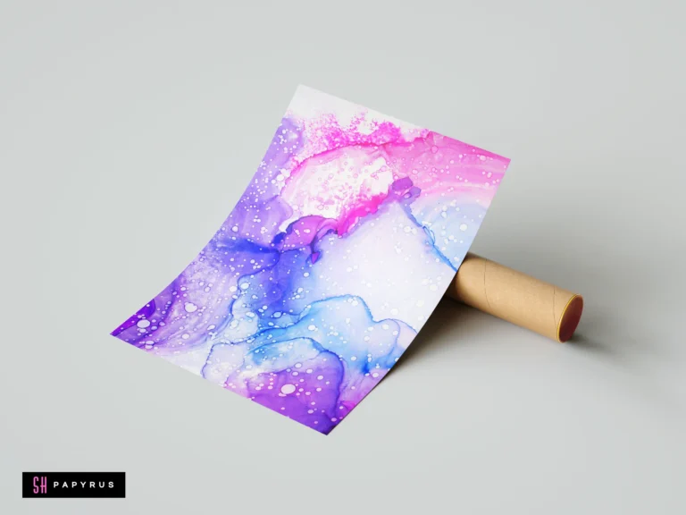 Abstract cosmic print featuring blue, violet, and pink alcohol ink bubbles with fluid textures.