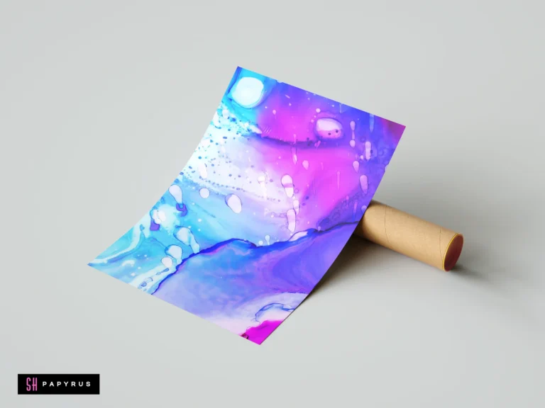 Vibrant cyan and magenta abstract alcohol ink print with fluid splashes and drips.