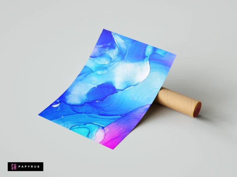 Vibrant blue and neon pink fluid abstract art print with flowing organic ink patterns.