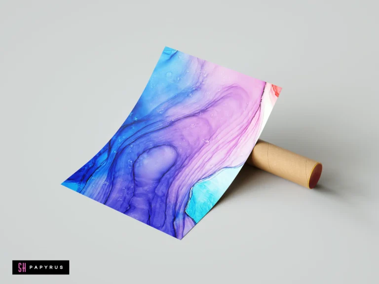 Abstract blue and purple alcohol ink poster with fluid wave patterns and organic textures.