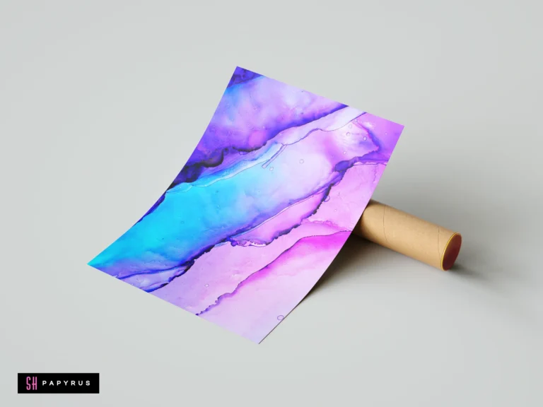 Abstract alcohol ink wall art with flowing cyan, purple, and blue fluid marble textures.
