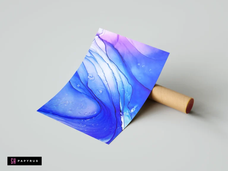 Abstract alcohol ink print featuring flowing deep blue, purple, and white fluid ocean wave patterns.