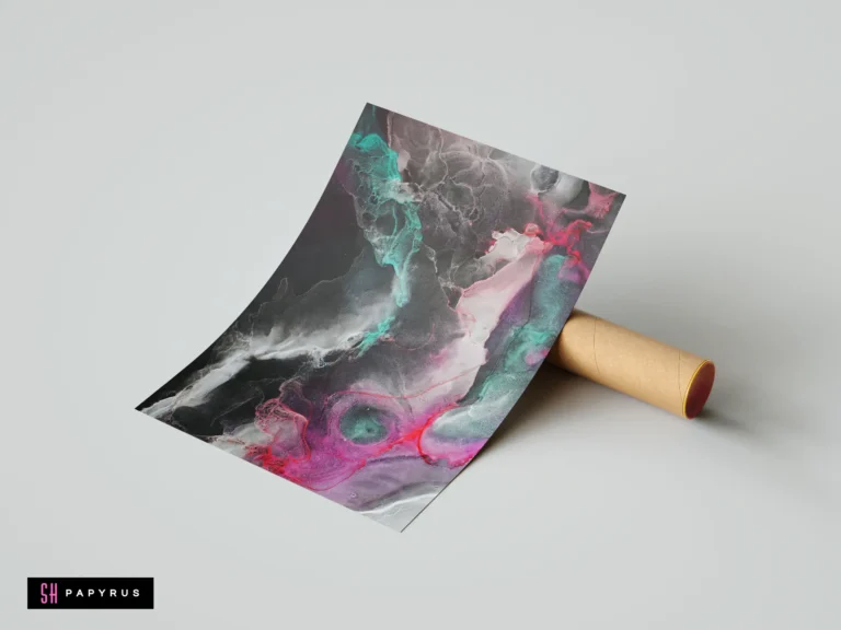 Abstract alcohol ink art with swirling black, teal, and magenta smoke-like fluid patterns.
