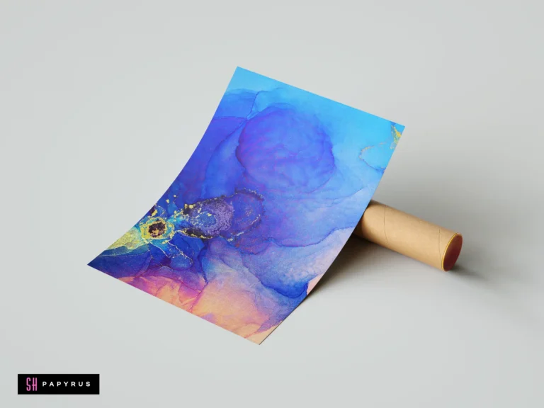 Royal blue and gold abstract flower print with fluid ink textures and metallic highlights