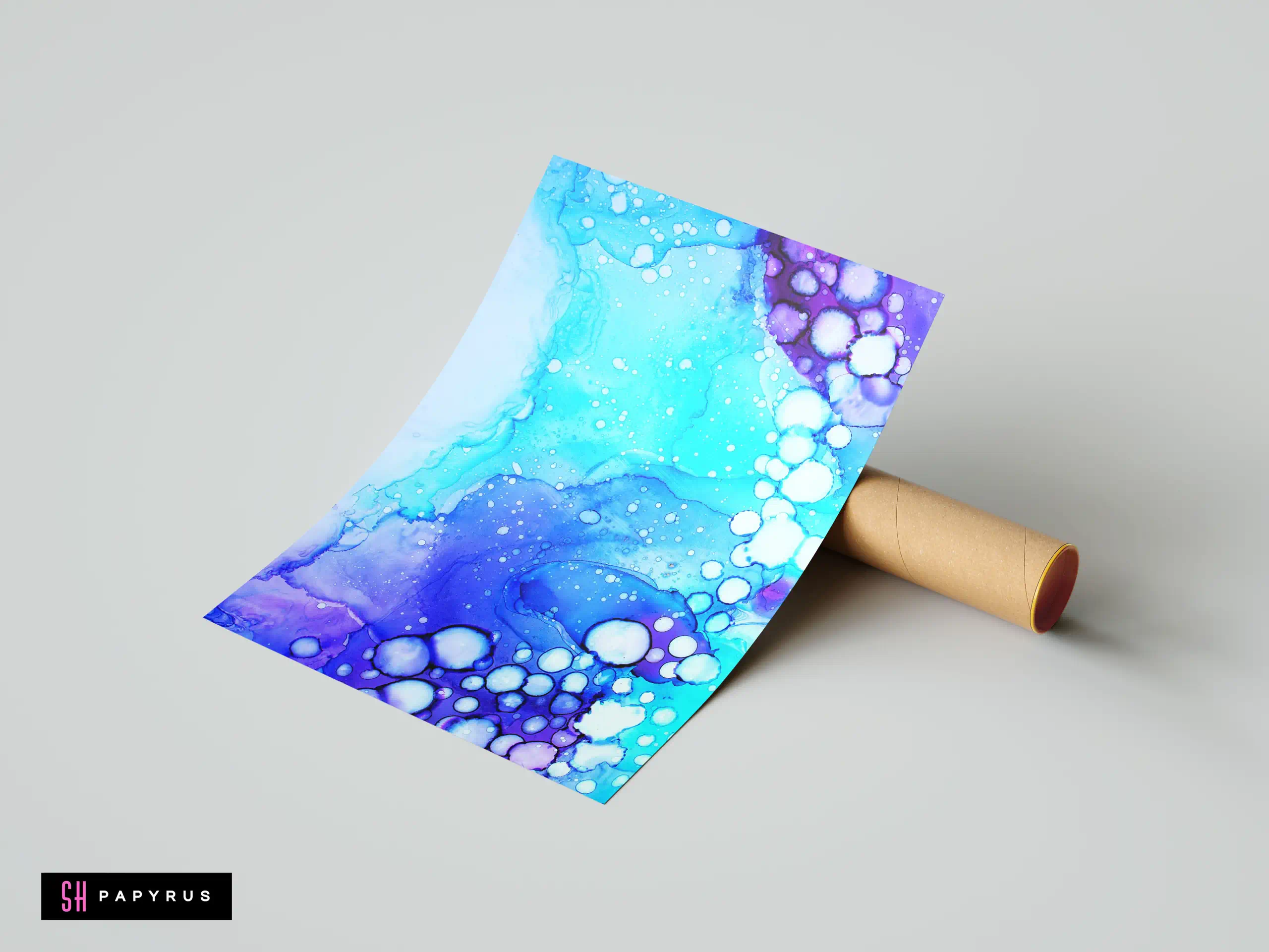 Cyan and purple abstract alcohol ink art with bubble textures and fluid patterns.