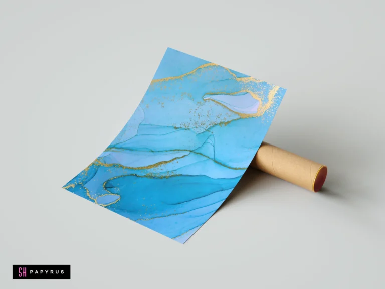 Abstract turquoise and blue fluid ink art with shimmering gold glitter lines and textures.