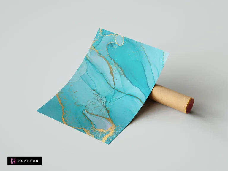 Abstract teal and gold marble effect wall art print with fluid ink textures.