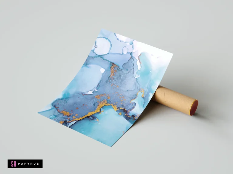 Abstract blue-grey and gold fluid ink art print with map-like textures and metallic accents.