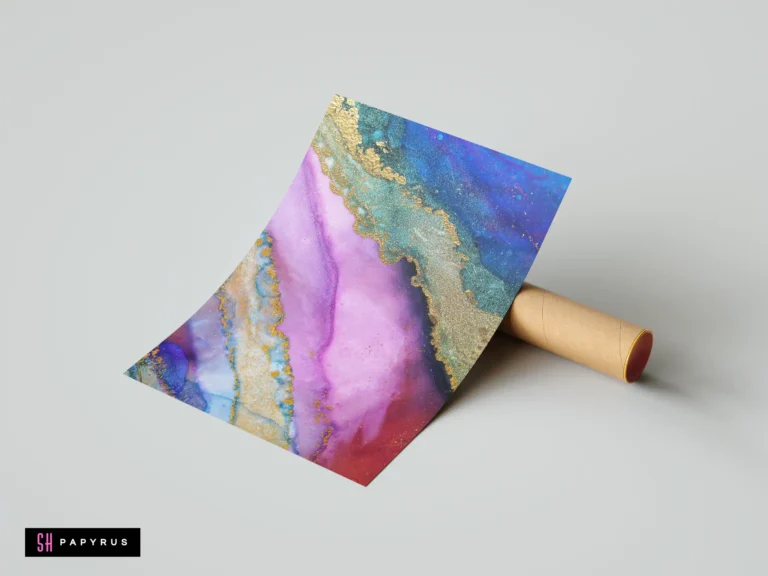 Vibrant purple and blue fluid art print with shimmering metallic gold glitter and marble textures.