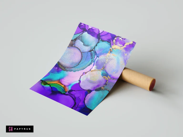 Vibrant purple and teal alcohol ink circles abstract artwork with elegant gold foil accents