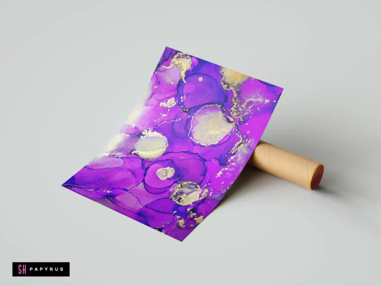Vivid purple and gold abstract art featuring fluid cellular patterns and metallic ink textures.