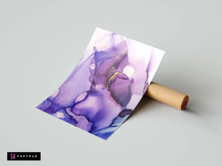 Elegant violet and lavender abstract fluid wall art with shimmering gold metallic accents.