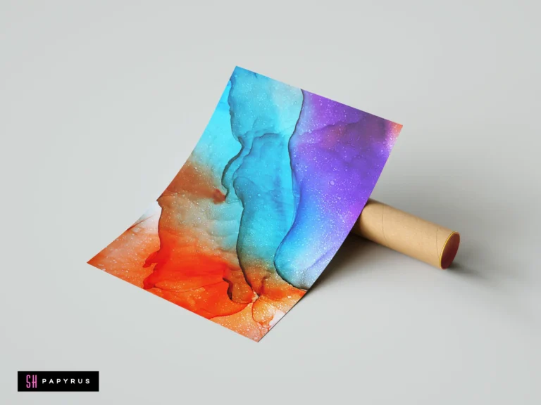 Vibrant abstract alcohol ink poster with flowing orange, blue, and purple gradient textures.