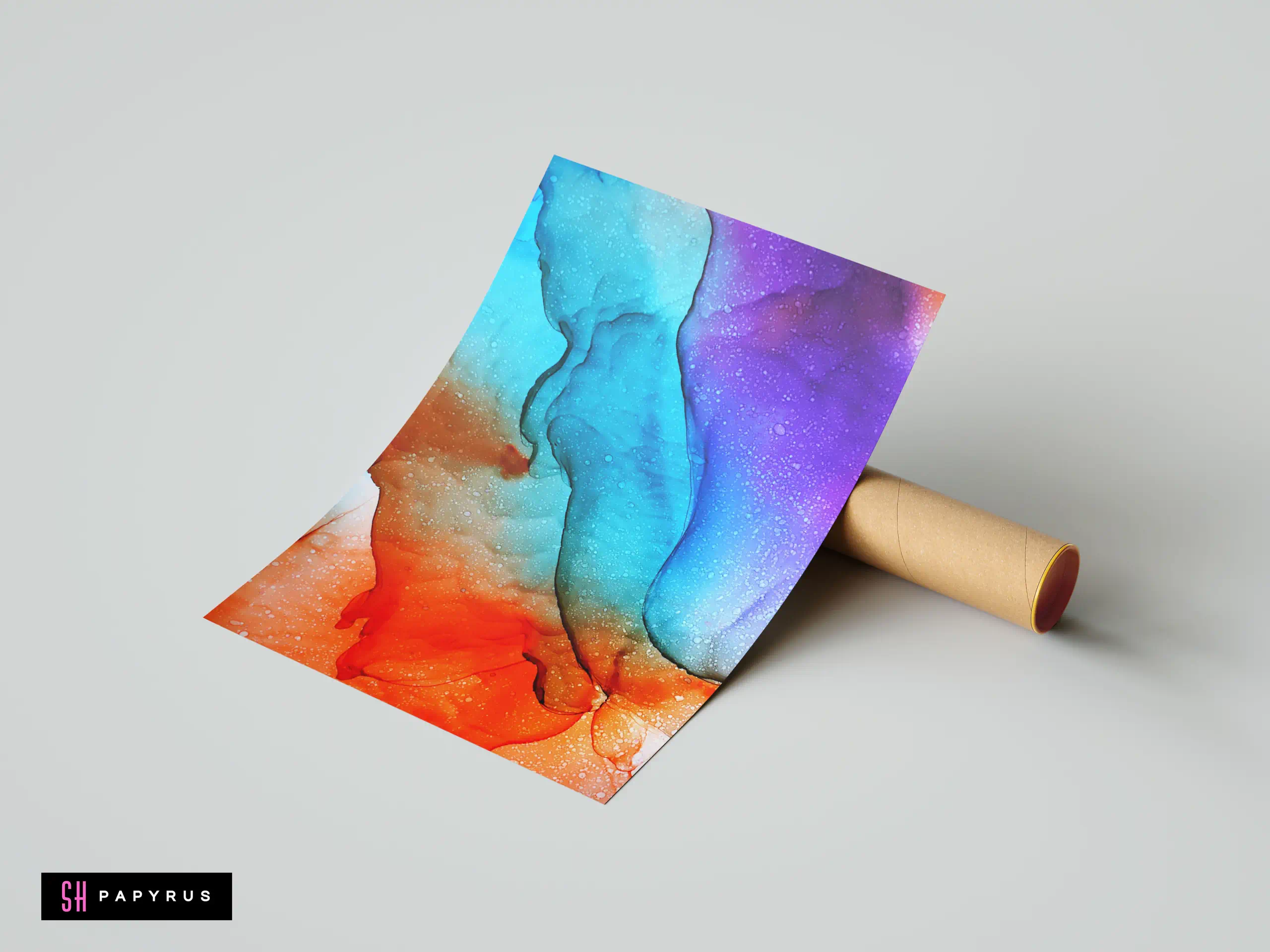 Vibrant abstract alcohol ink poster with flowing orange, blue, and purple gradient textures.