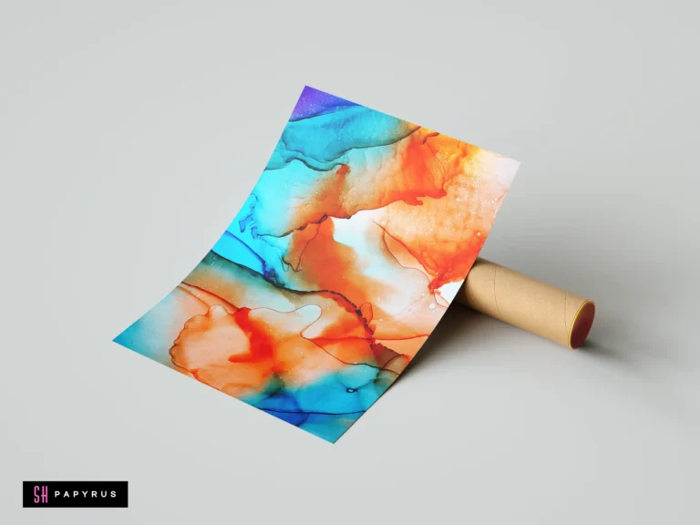 Bright orange and cyan fluid abstract art print featuring swirling ink patterns and marbled textures.