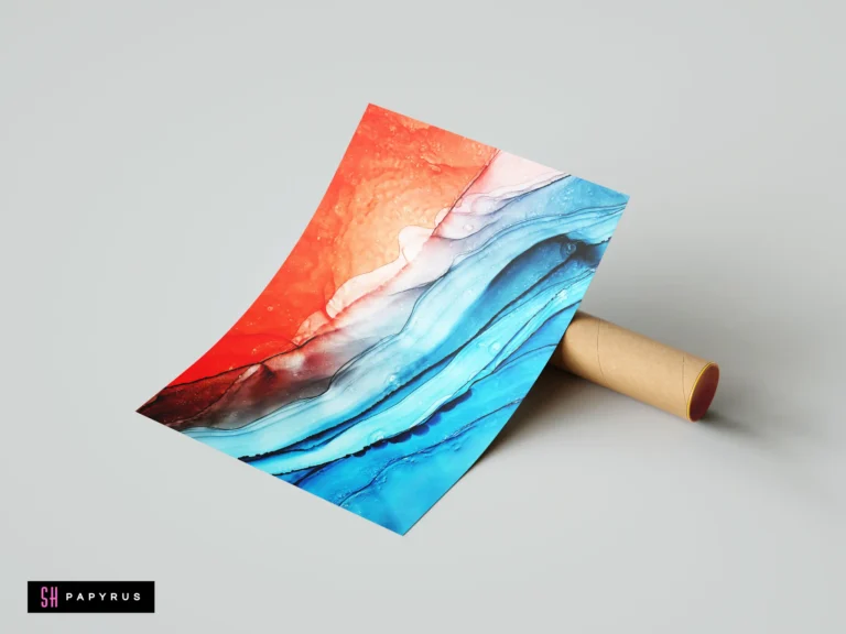 Abstract alcohol ink art print with vibrant red and blue flowing ocean wave patterns.