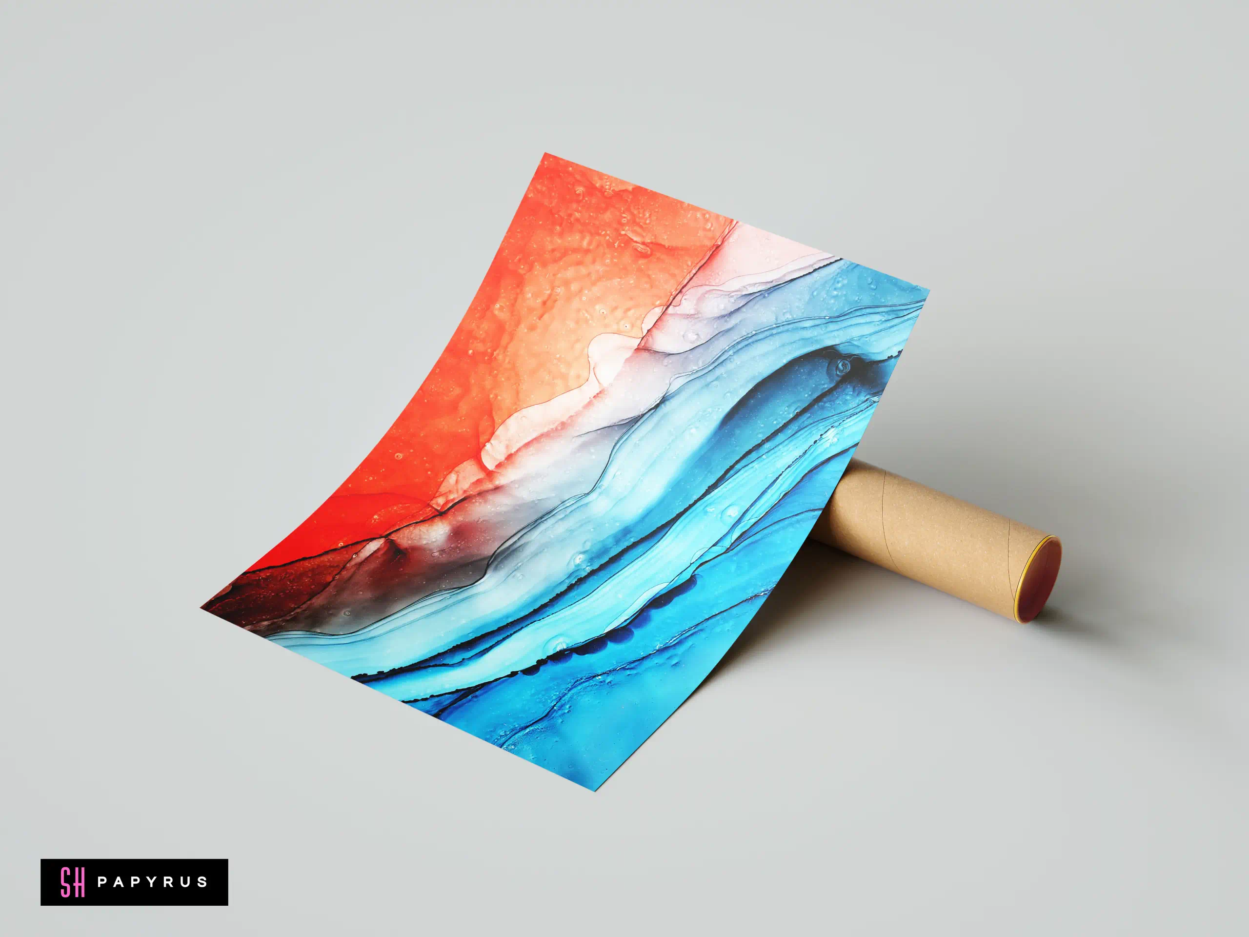 Abstract alcohol ink art print with vibrant red and blue flowing ocean wave patterns.