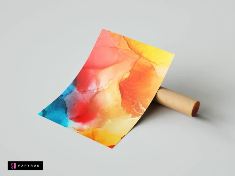Abstract fluid ink print with vibrant red, yellow, and blue primary colors and gold accents.