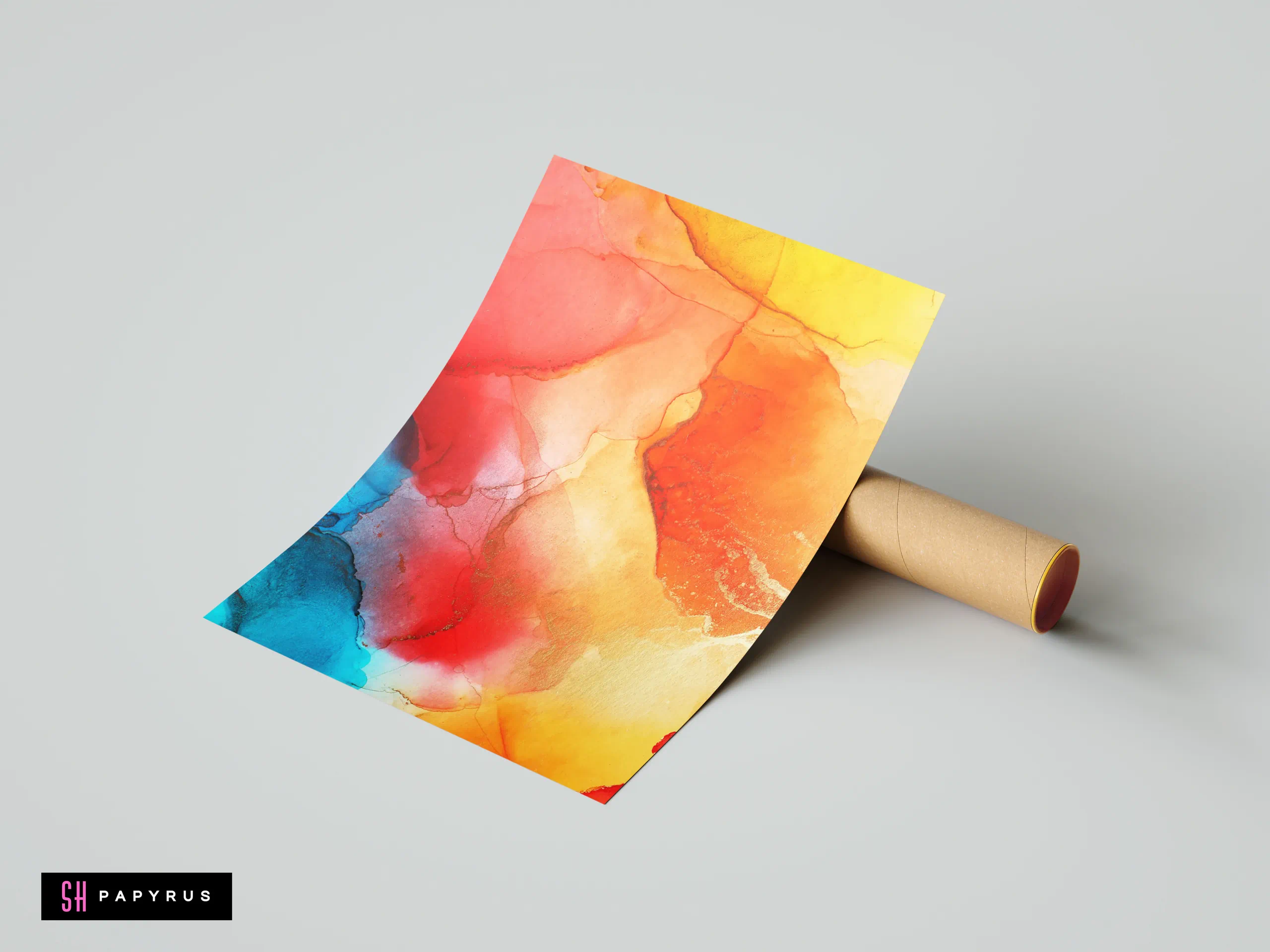 Abstract fluid ink print with vibrant red, yellow, and blue primary colors and gold accents.