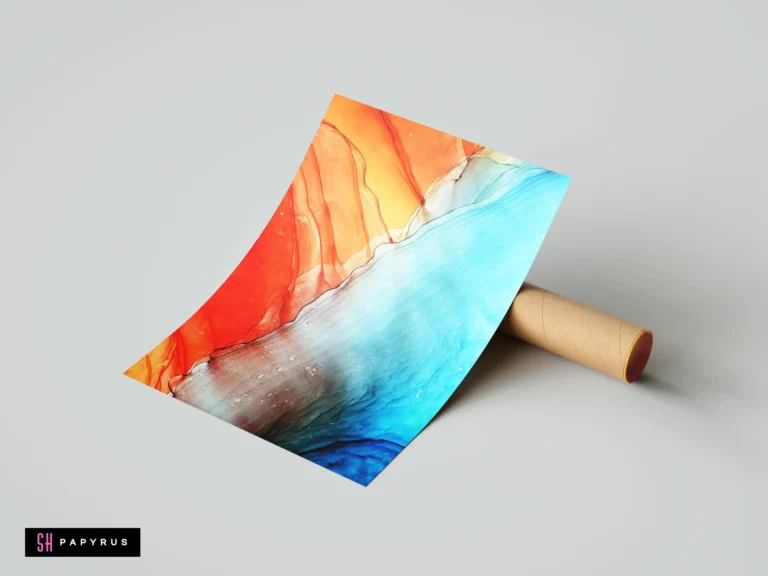 Vibrant abstract liquid art print with contrasting orange and blue alcohol ink marble textures.