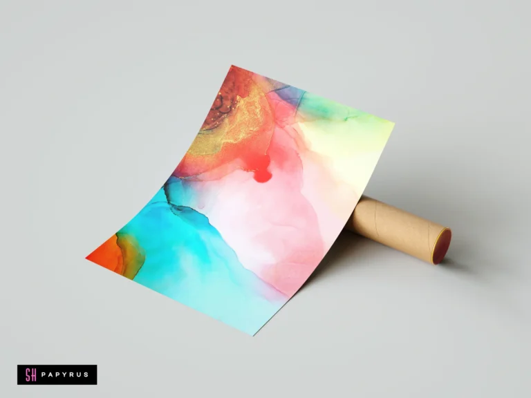 Vibrant red, cyan, and gold abstract fluid art print with alcohol ink style textures.
