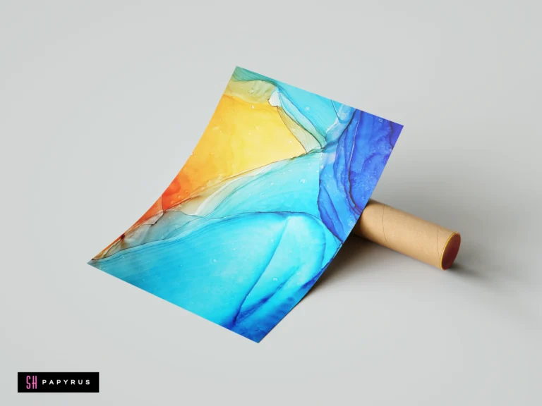 Vibrant abstract alcohol ink poster with flowing blue and yellow ocean wave patterns.