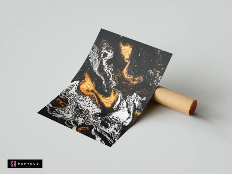 Luxury abstract wall art with black, silver, and gold marble patterns.
