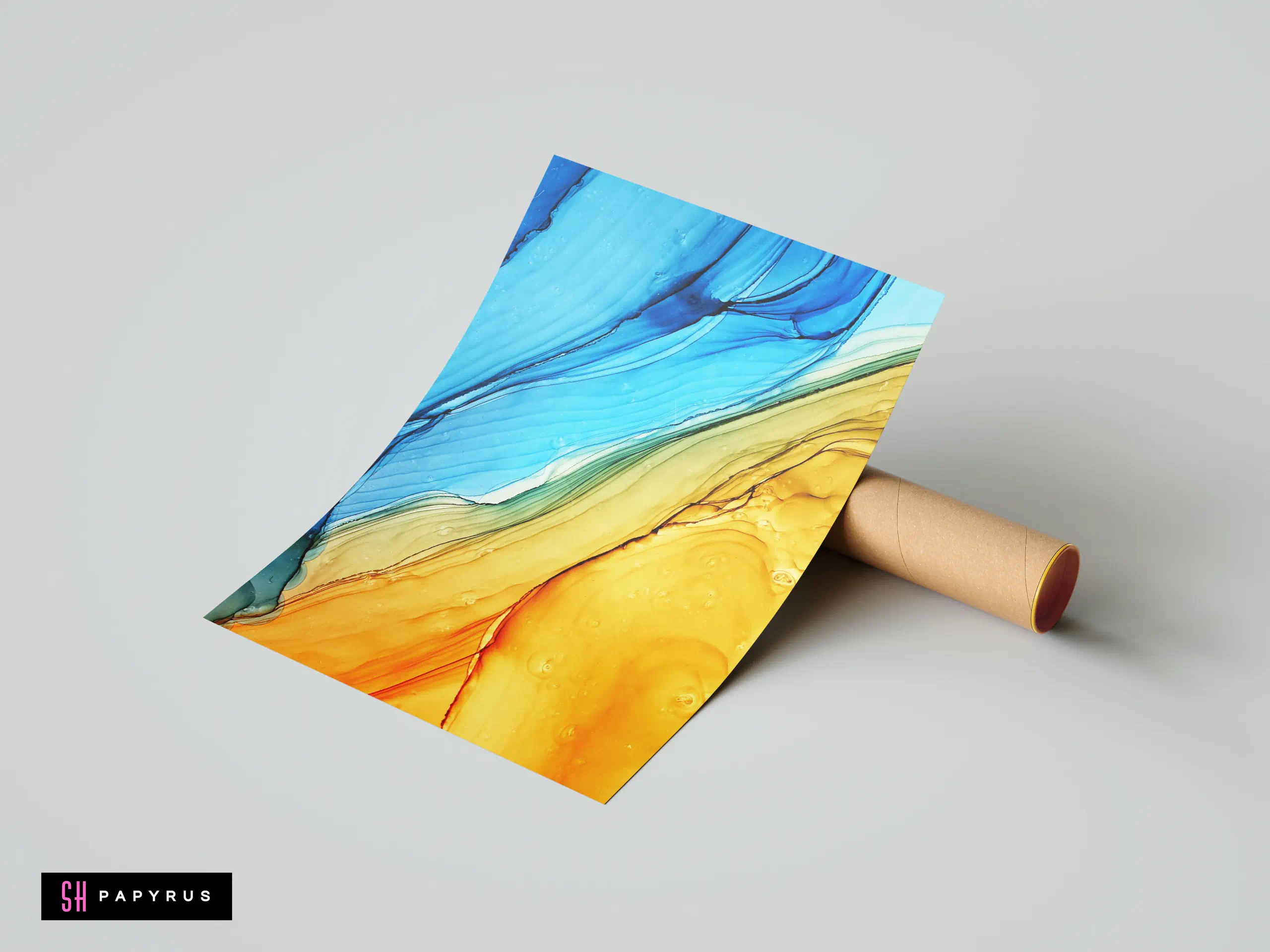 Abstract alcohol ink print featuring vibrant blue, green, and yellow flowing organic stripe patterns.
