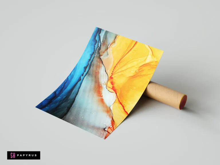 Abstract fluid ink wall art featuring vibrant, contrasting blue and orange flowing patterns.