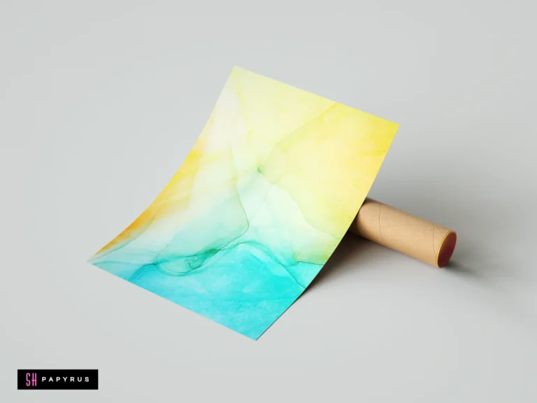 Abstract ink print with flowing yellow and turquoise gradients and organic marbled textures.