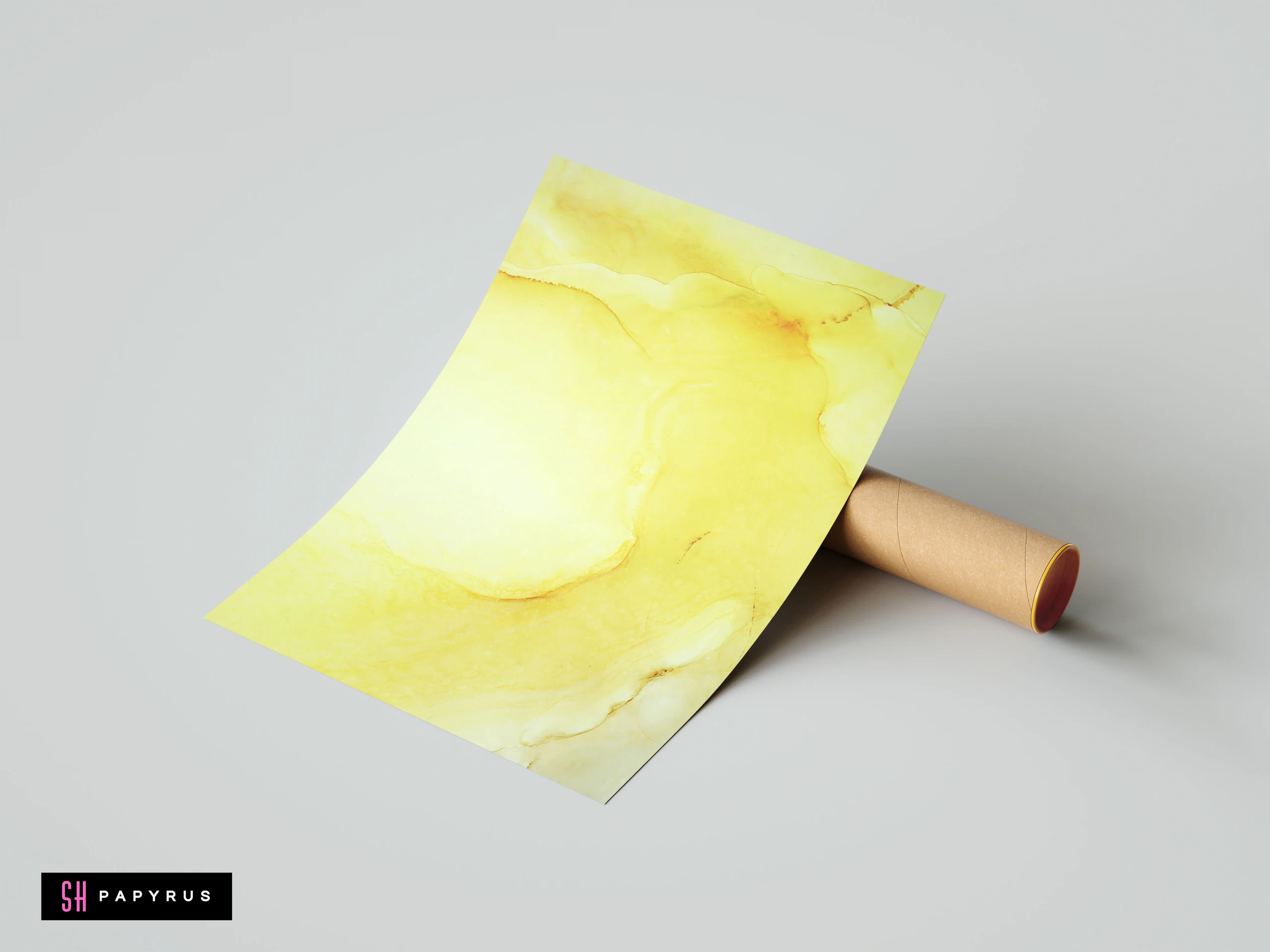 Minimalist abstract print featuring pale yellow and gold fluid ink swirls and organic textures.