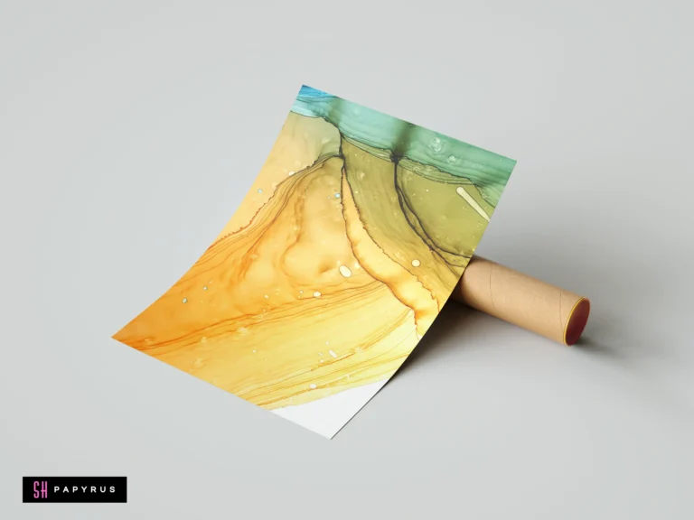 Layered abstract art print featuring earthy green, ochre, and amber alcohol ink textures.