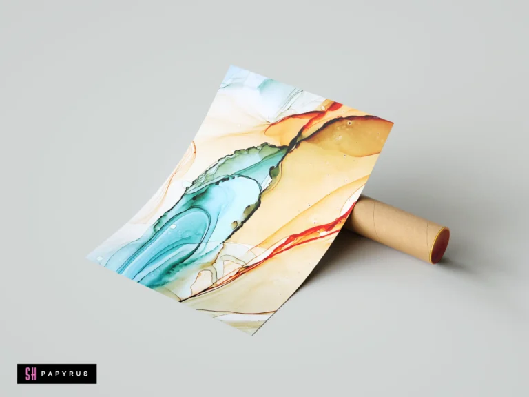 Vibrant teal and orange abstract wall art featuring fluid alcohol ink patterns.