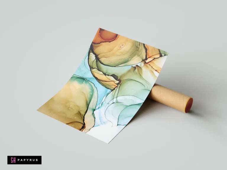 Abstract fluid ink painting with flowing earthy green, amber brown, and soft blue organic shapes.