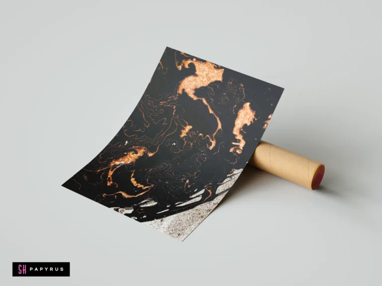 Luxury abstract art print featuring metallic copper fluid swirls on a deep black background.