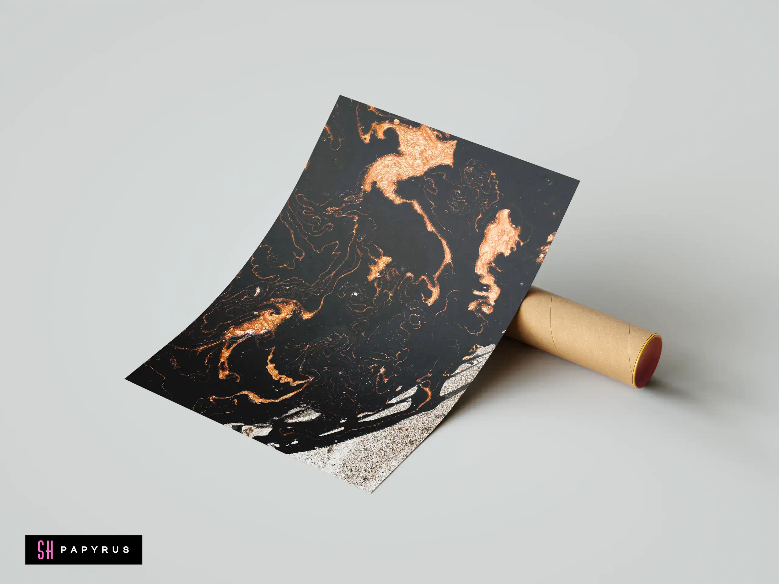 Luxury abstract art print featuring metallic copper fluid swirls on a deep black background.