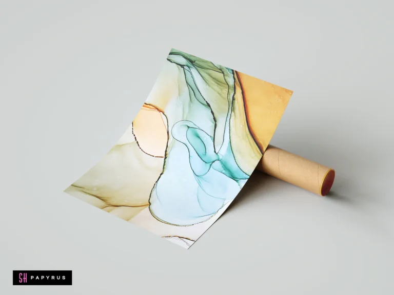 Abstract alcohol ink art poster with flowing teal, beige, and gold organic liquid shapes.