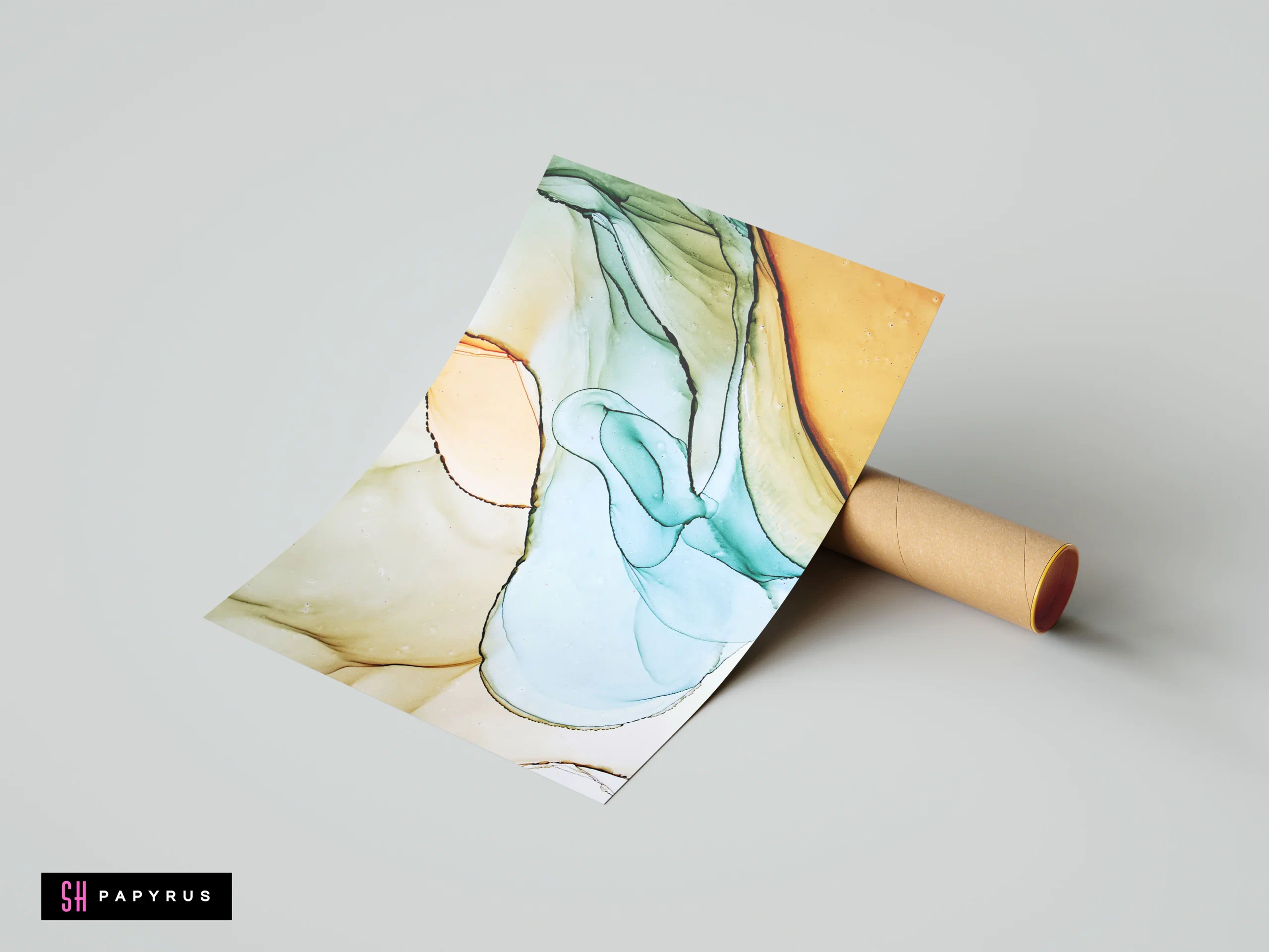 Abstract alcohol ink art poster with flowing teal, beige, and gold organic liquid shapes.