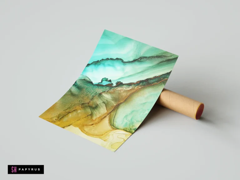 Abstract alcohol ink landscape print with flowing teal, bronze, and metallic gold textures.