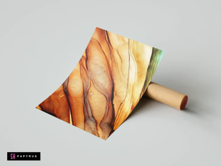 Abstract fluid art print featuring flowing warm brown, copper, and amber metallic textures.