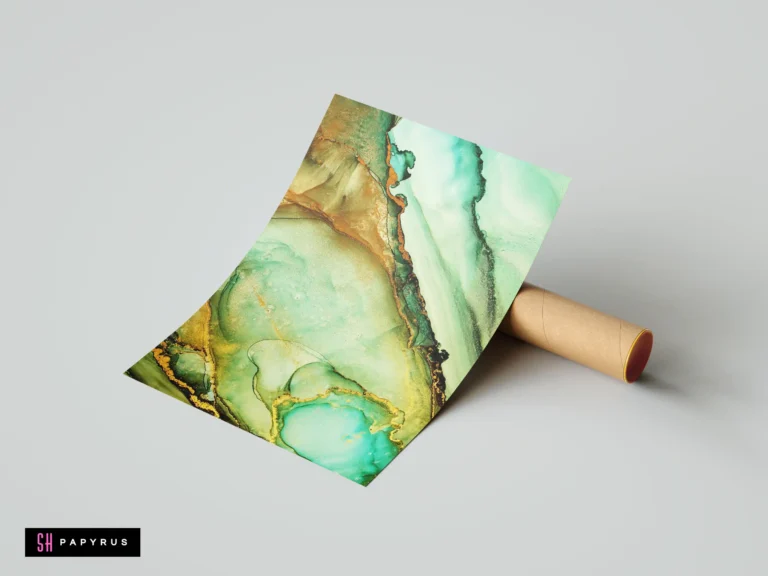 Abstract emerald green and gold fluid art print with marbled alcohol ink textures.