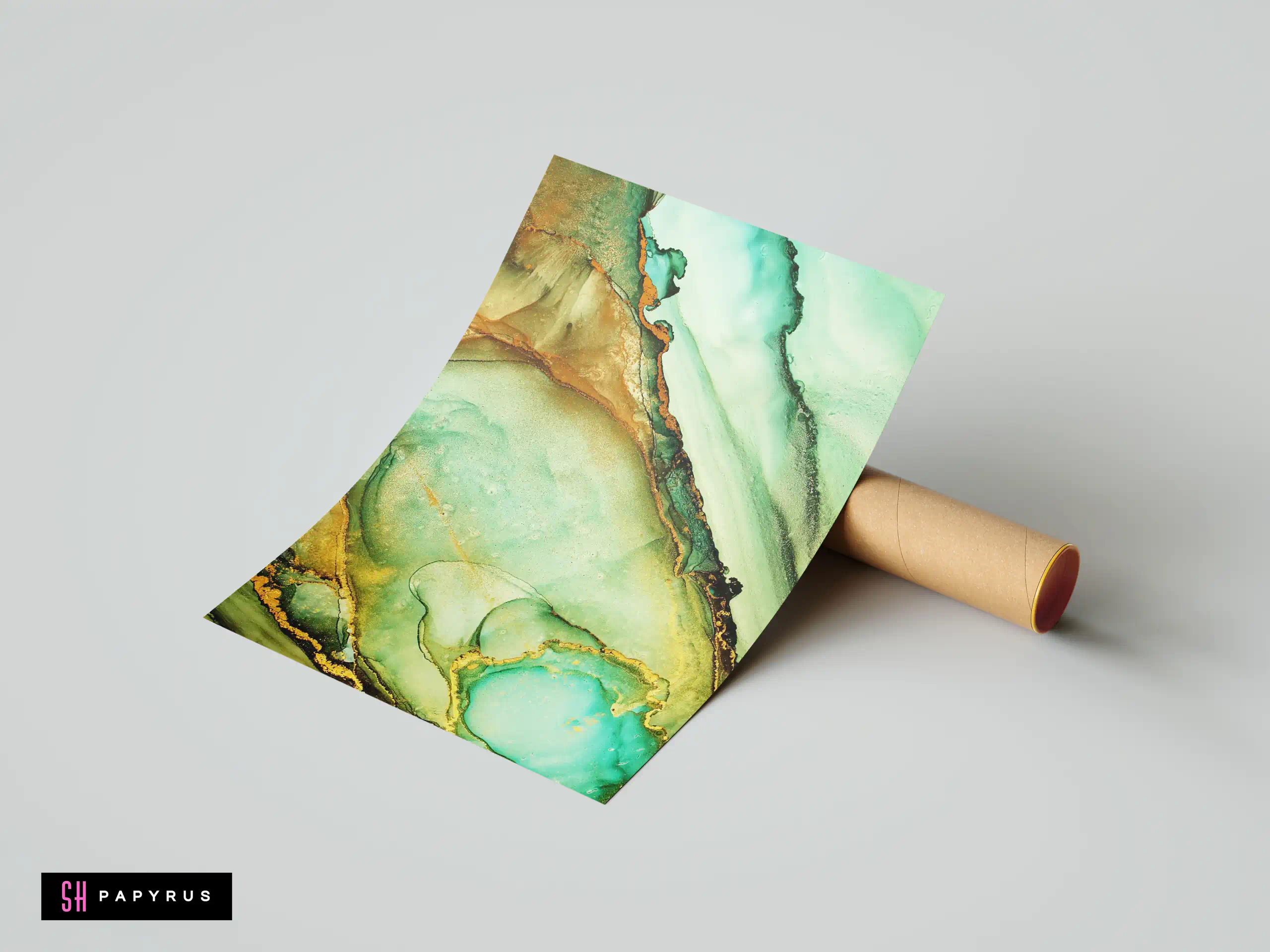 Abstract emerald green and gold fluid art print with marbled alcohol ink textures.