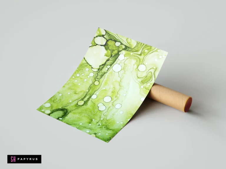 Lime green cellular abstract print featuring fluid alcohol ink textures and organic bubble-like patterns.